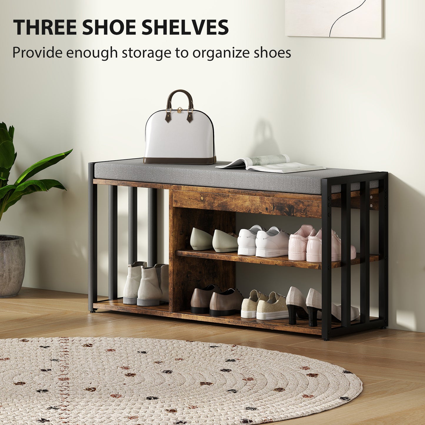 Shoe storage bench with three shelves holding shoes in a room with a plant and rug.