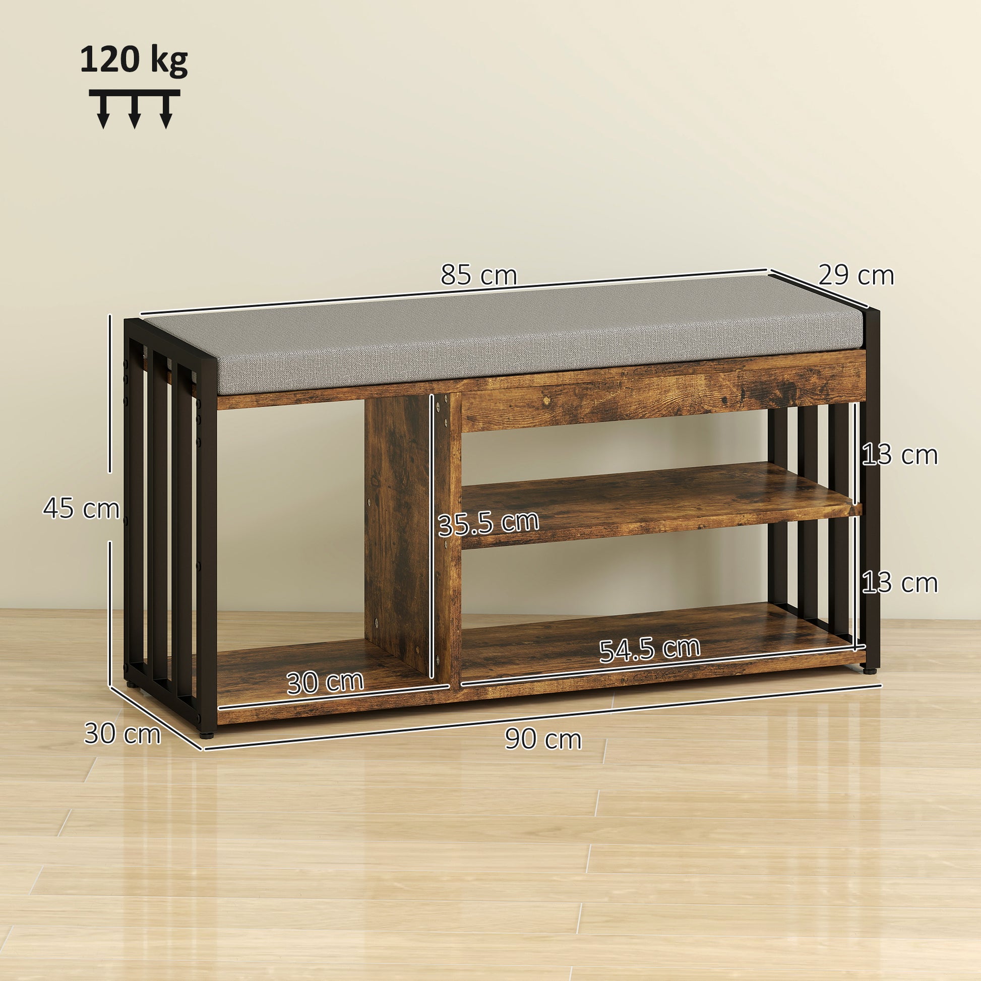 Wooden bench with dimensions and weight capacity on a beige background