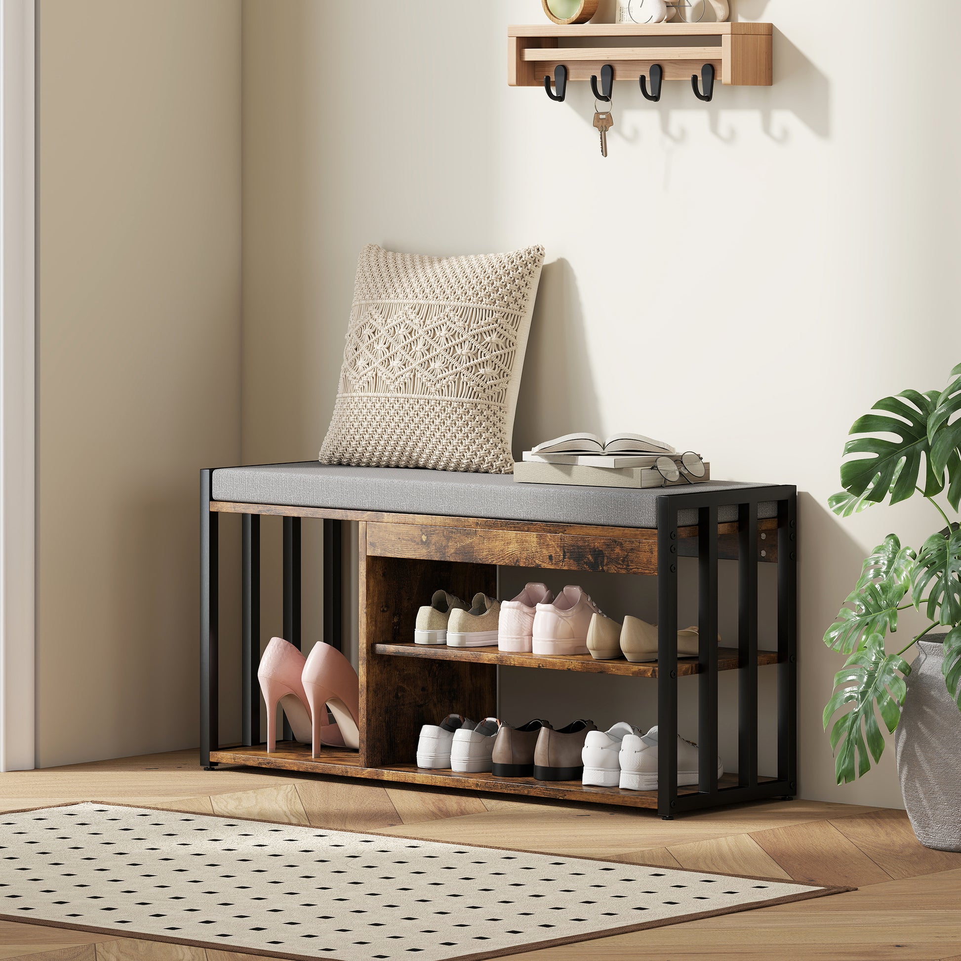 Wooden shoe bench with cushioned seat and shoe storage in a home setting.