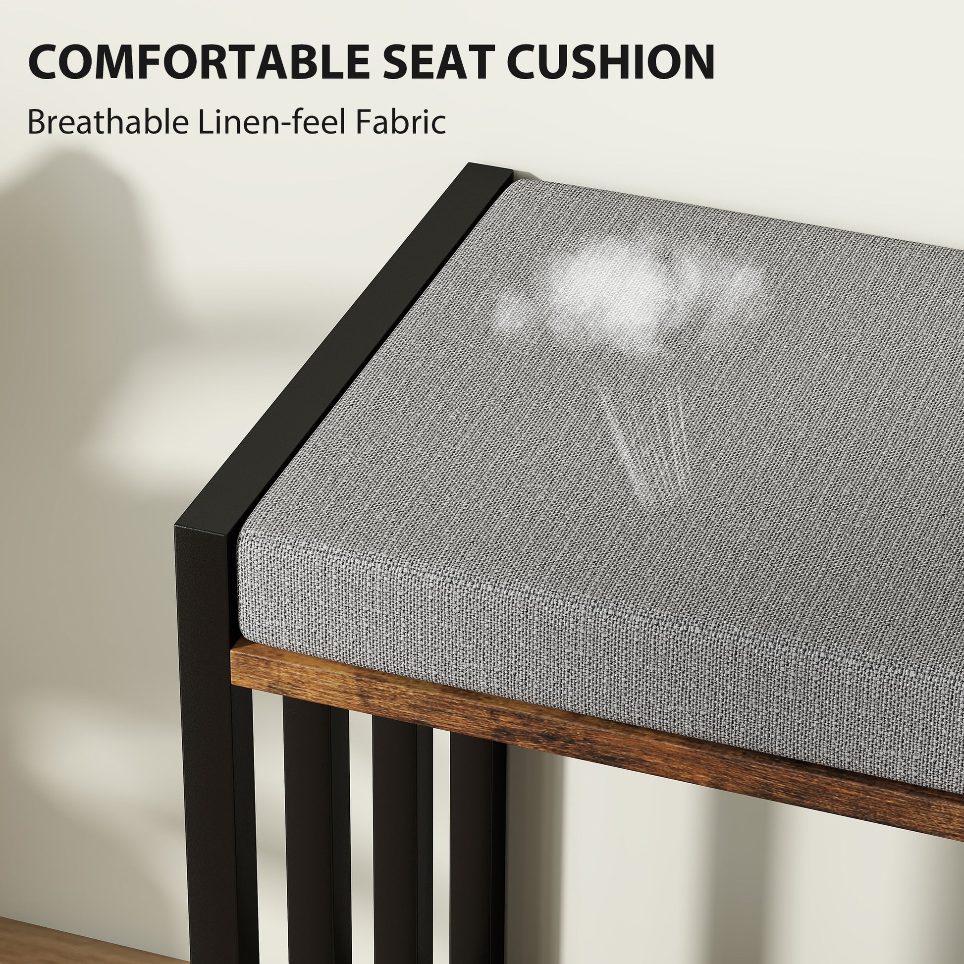 Gray seat cushion on a wooden stool with text about breathable linen-feel fabric.