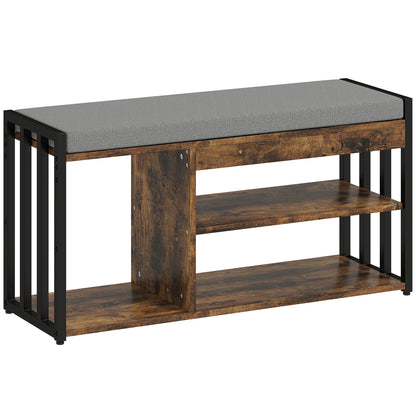 Wooden bench with gray cushion on a white background