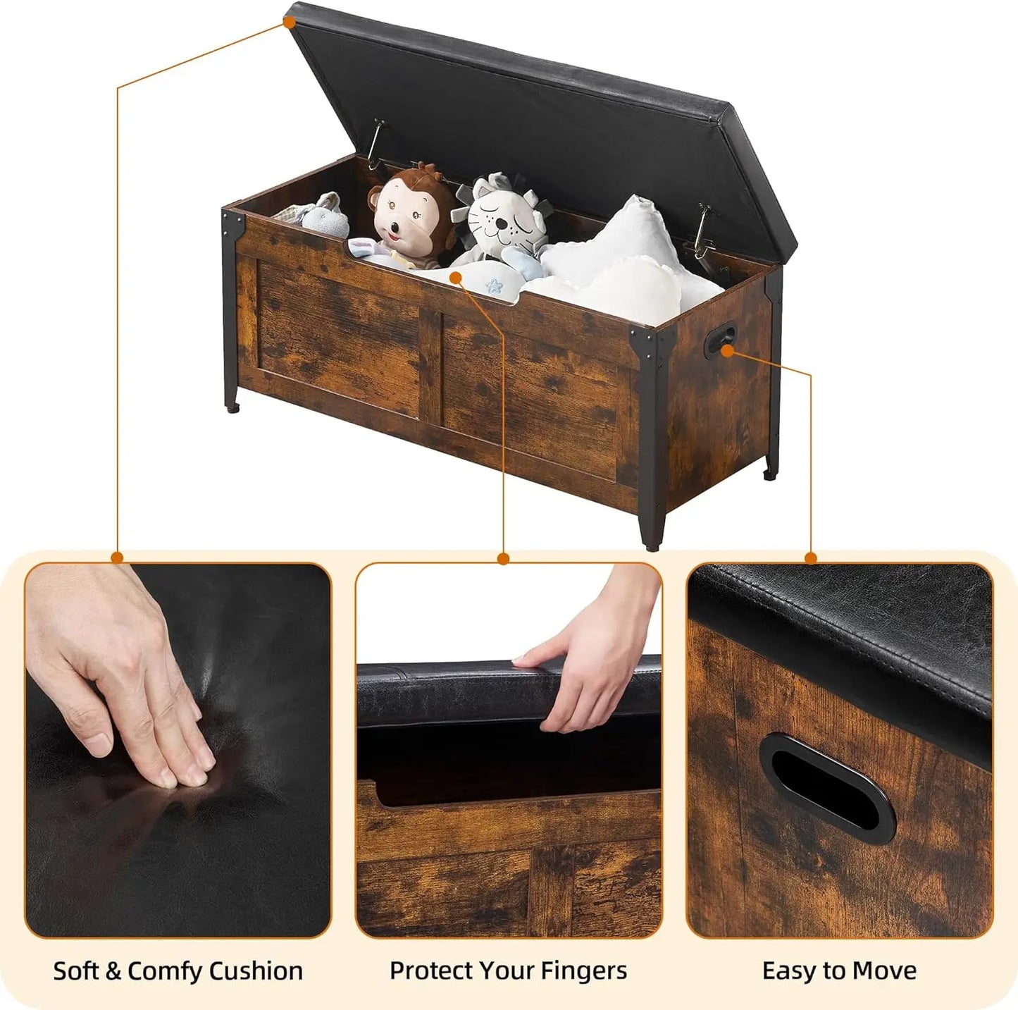 Wooden storage bench with cushioned interior, soft cushion, protective finger guard, and easy-to-move design.