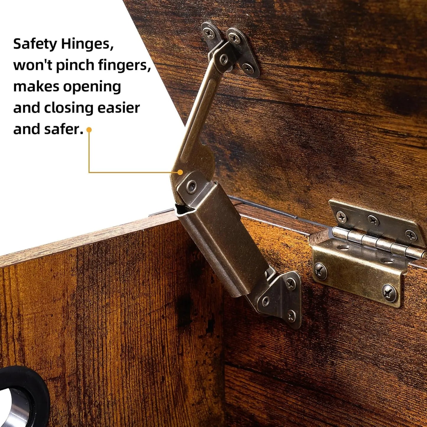 Metal safety hinges on a wooden surface with text highlighting their benefits.