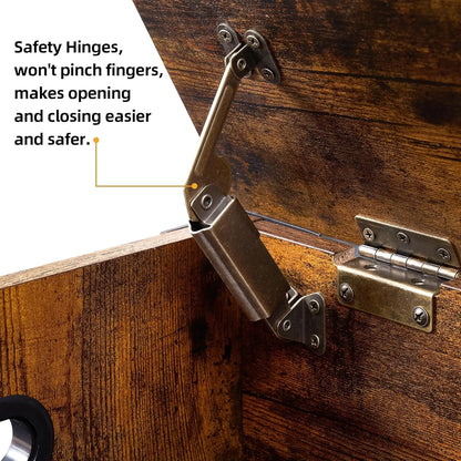 Metal safety hinges on a wooden surface with text highlighting their benefits.