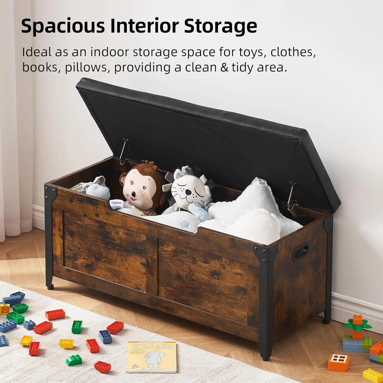 Wooden storage trunk with toys and clothes on a wooden floor, text about spacious interior storage.