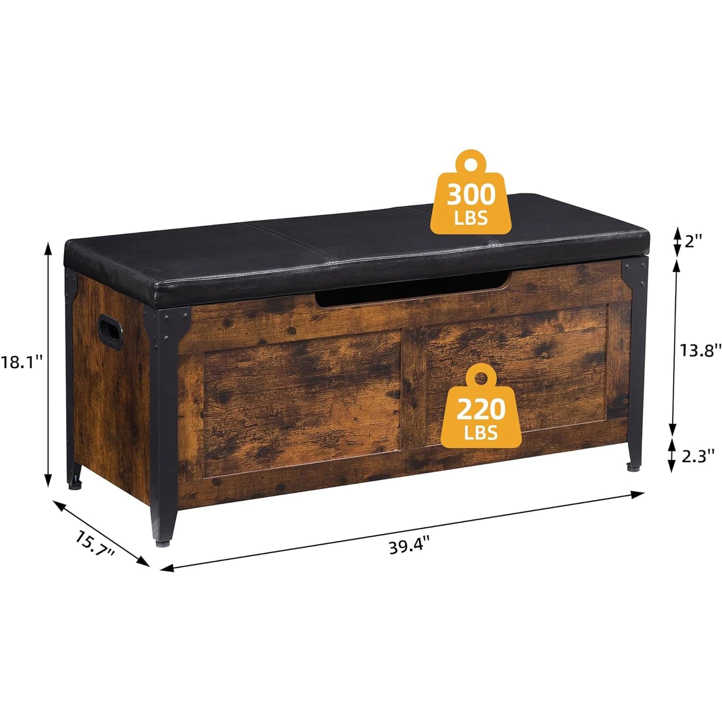 Wooden storage bench with black cushion top, dimensions, and weight capacity on a white background