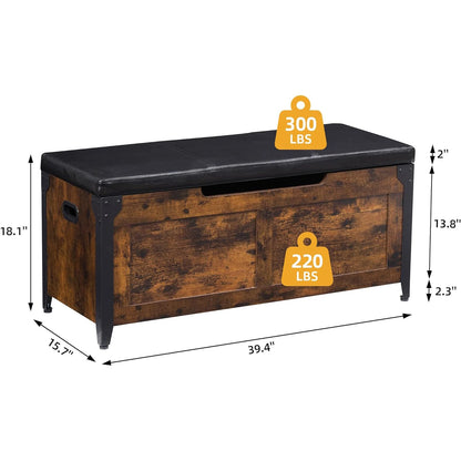 Wooden storage bench with black cushion top, dimensions, and weight capacity on a white background