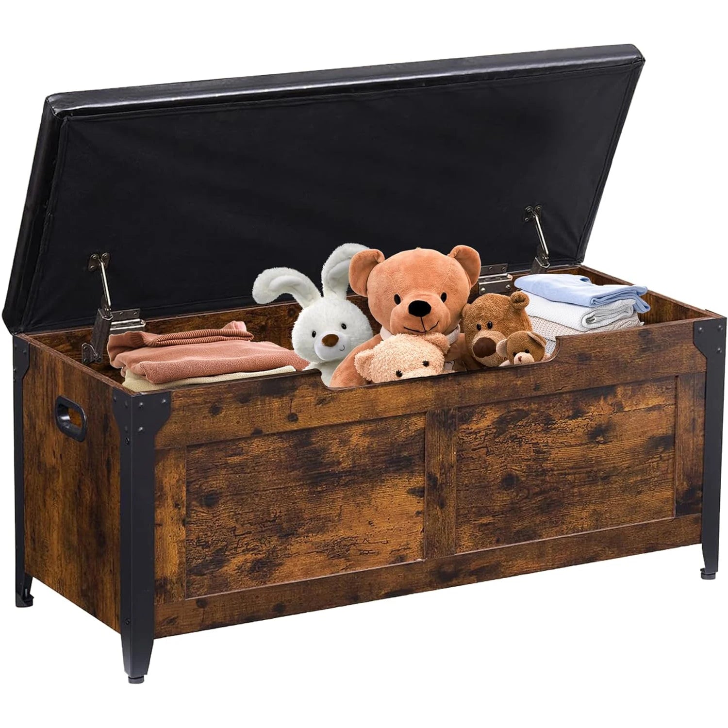 Wooden toy chest with stuffed animals and blankets on a white background