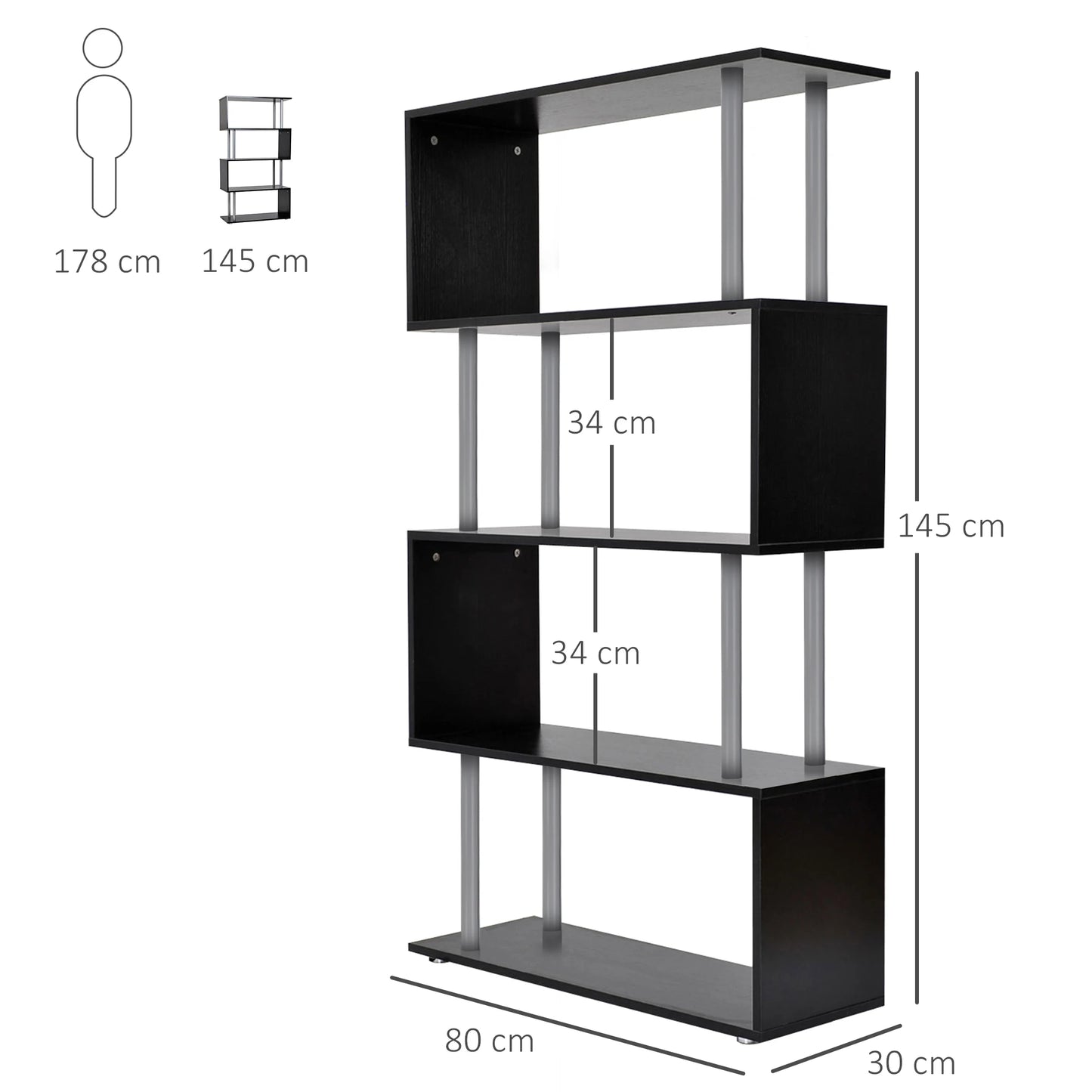 S Shaped Black Wooden Metal Bookshelf