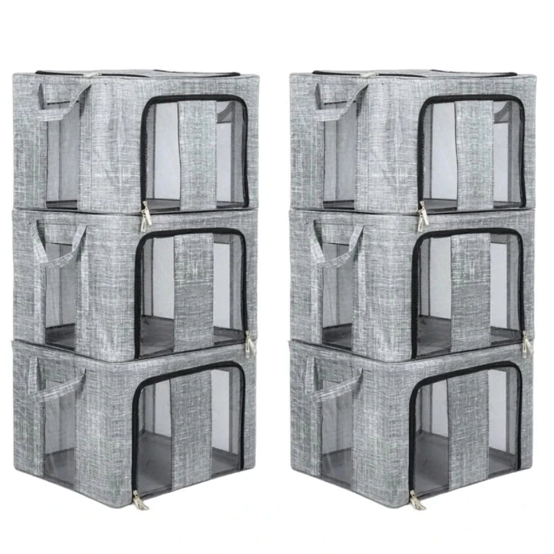 3/6 Pack 66L Large Clothes Storage Box Metal Frame Clear Window Foldable Boxes