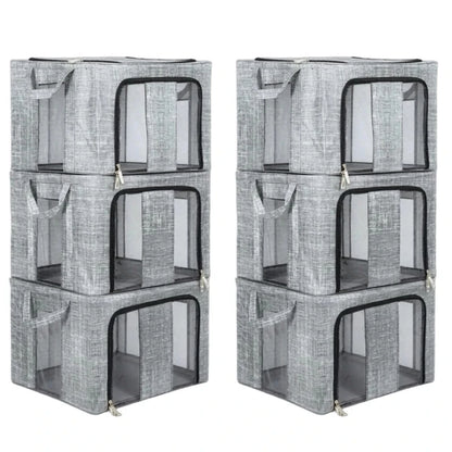 3/6 Pack 66L Large Clothes Storage Box Metal Frame Clear Window Foldable Boxes