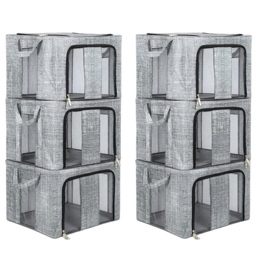 3/6 Pack 66L Large Clothes Storage Box Metal Frame Clear Window Foldable Boxes