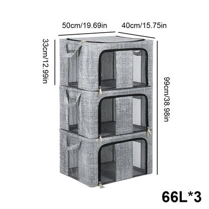 3/6 Pack 66L Large Clothes Storage Box Metal Frame Clear Window Foldable Boxes