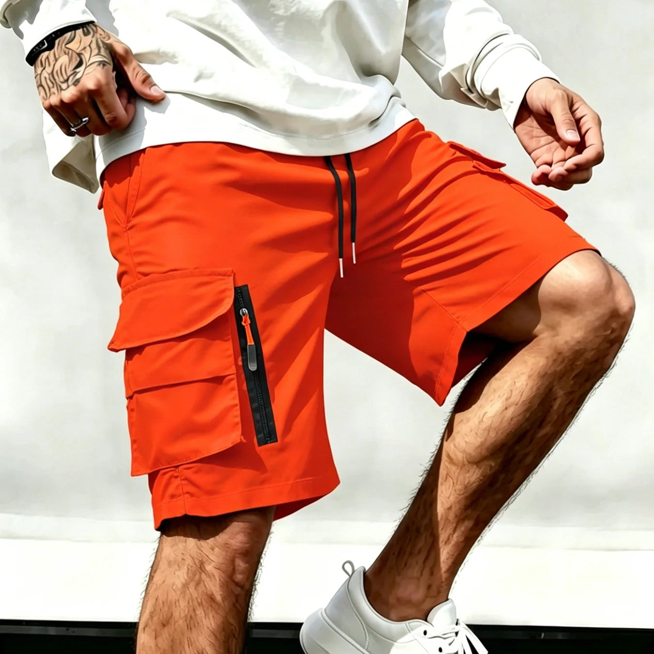 A man wearing bright orange cargo shorts with a black drawstring and a vertical zippered pocket on the left leg, styled with a white sweatshirt and white sneakers.
