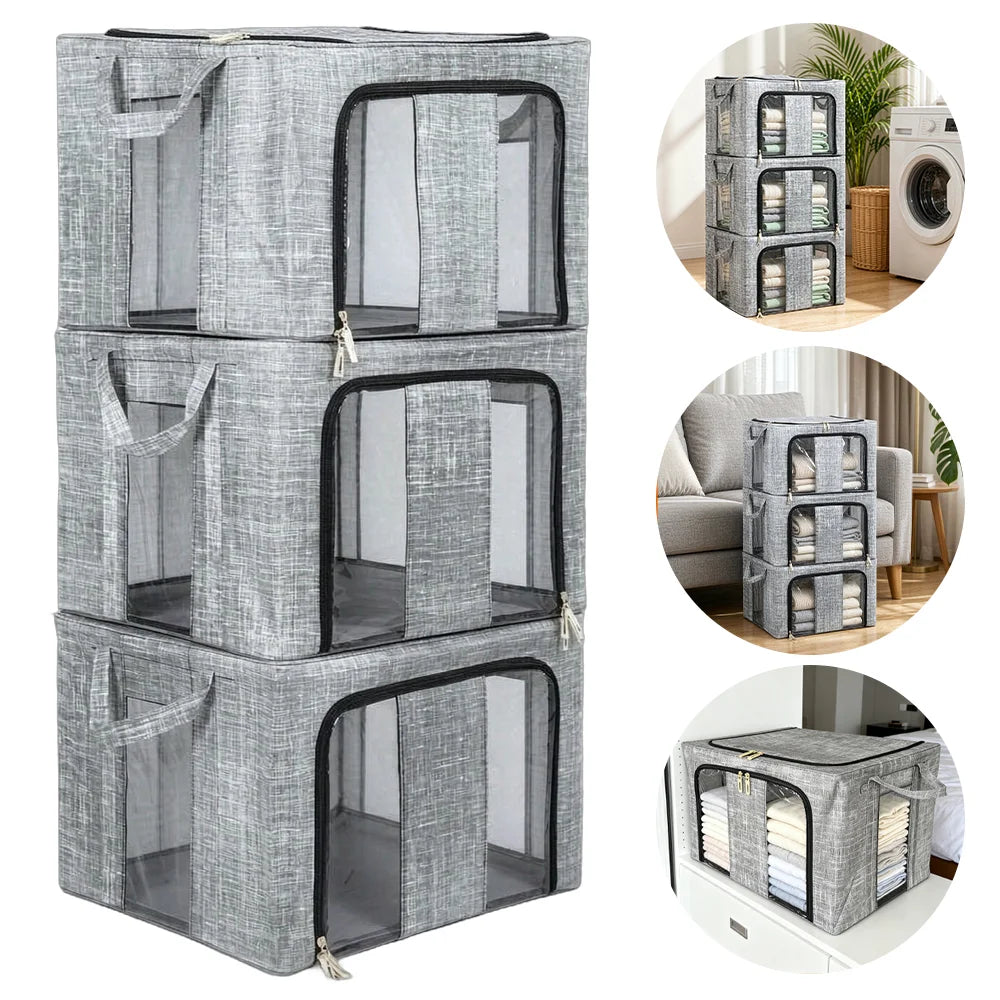 3/6 Pack 66L Large Clothes Storage Box Metal Frame Clear Window Foldable Boxes