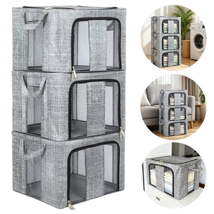 3/6 Pack 66L Large Clothes Storage Box Metal Frame Clear Window Foldable Boxes