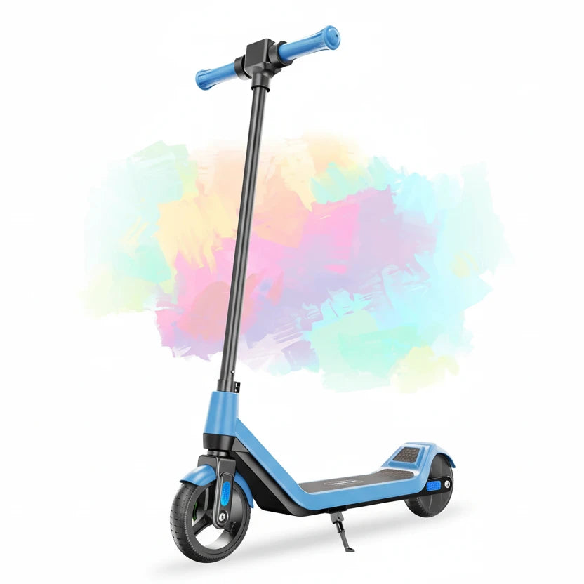 A blue and black electric kick scooter with handlebar grips, shown on a white background with promotional text and badges. The text highlights RGB lighting, a 150W motor, suitability for ages 5-12, and features a 12-month warranty and fast delivery.