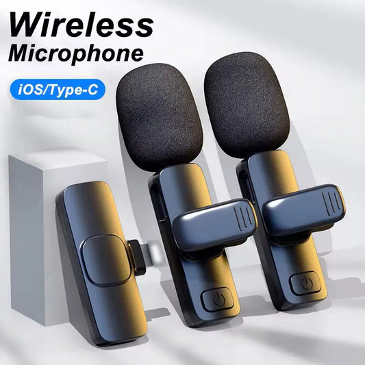 Wireless microphone set with 'iOS/Type-C' compatibility on a light gray background