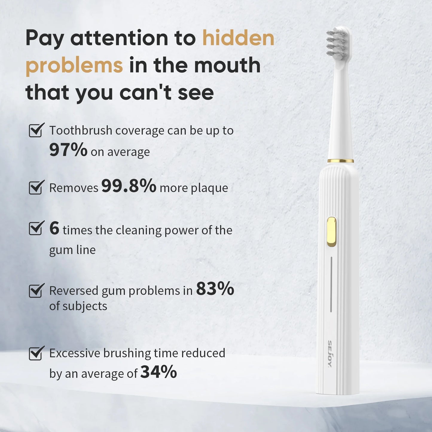 Electric toothbrush with features listed on a gray background
