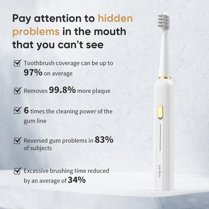 Electric toothbrush with features listed on a gray background