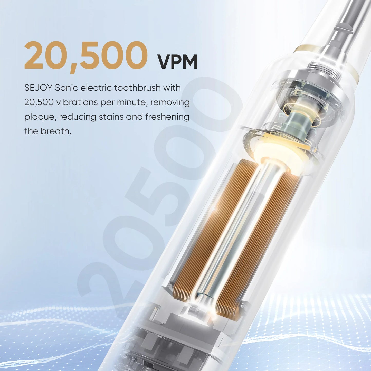 SEJOY electric toothbrush with 20,500 VPM on a light blue background