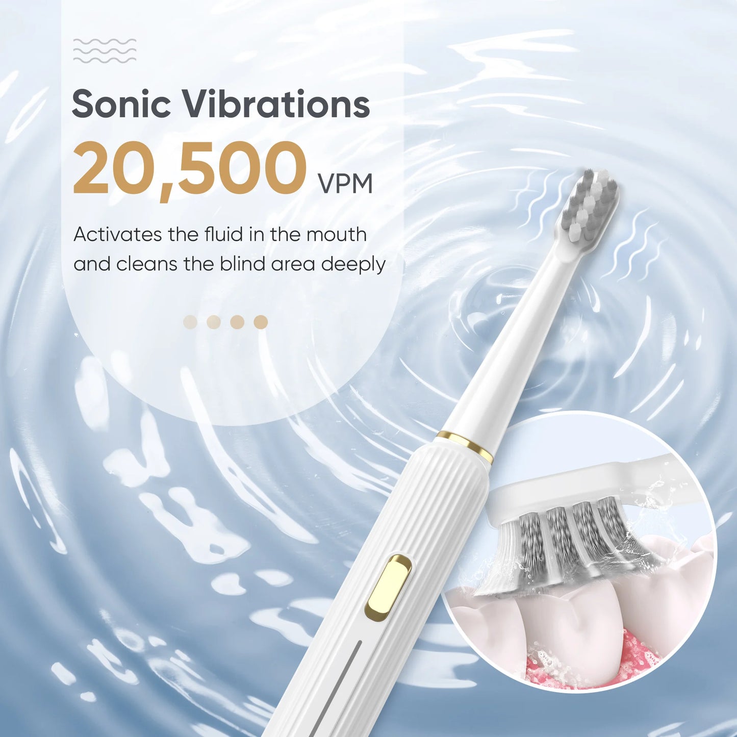 Electric toothbrush with sonic vibrations feature on a water background