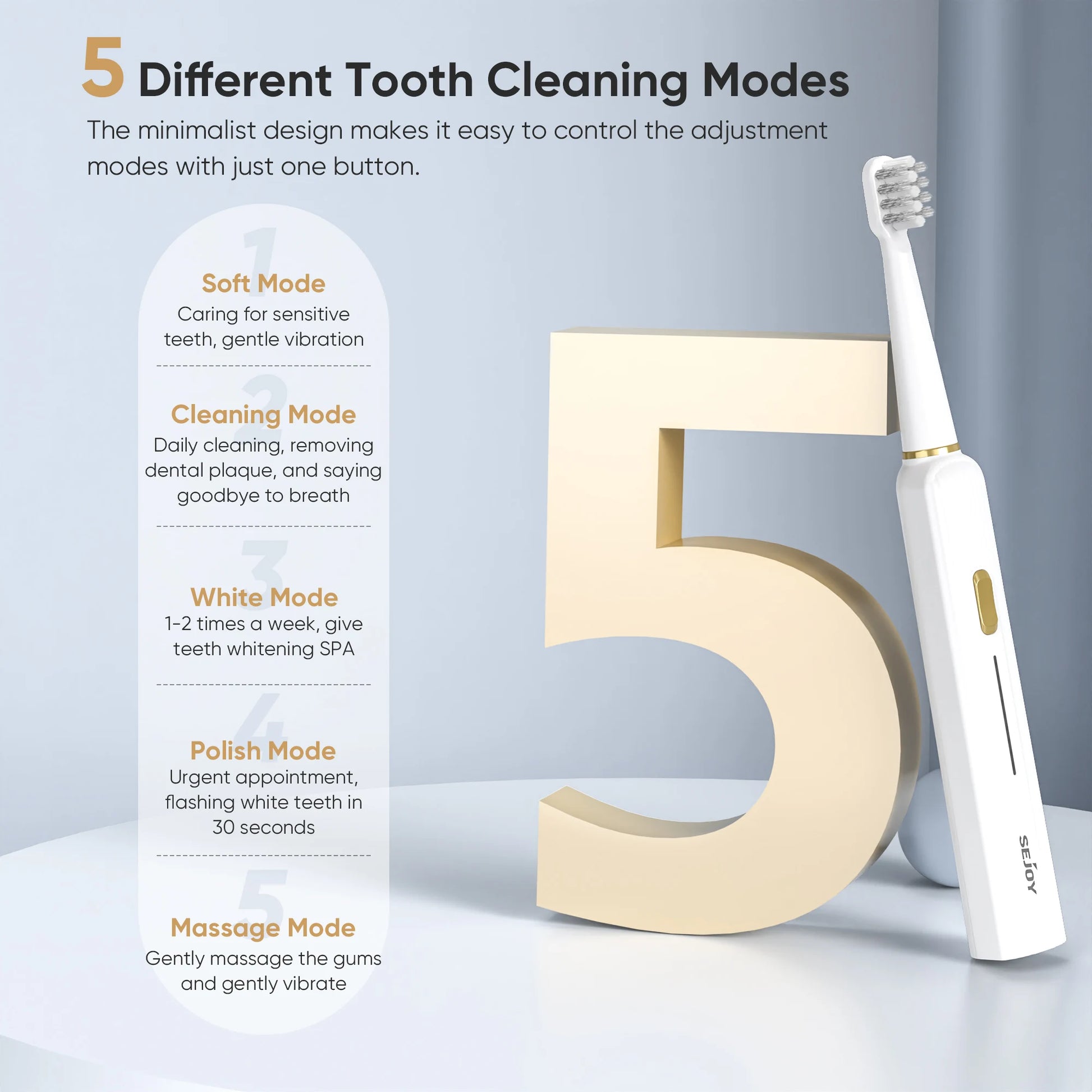 Electric toothbrush with mode display and text on a gray background