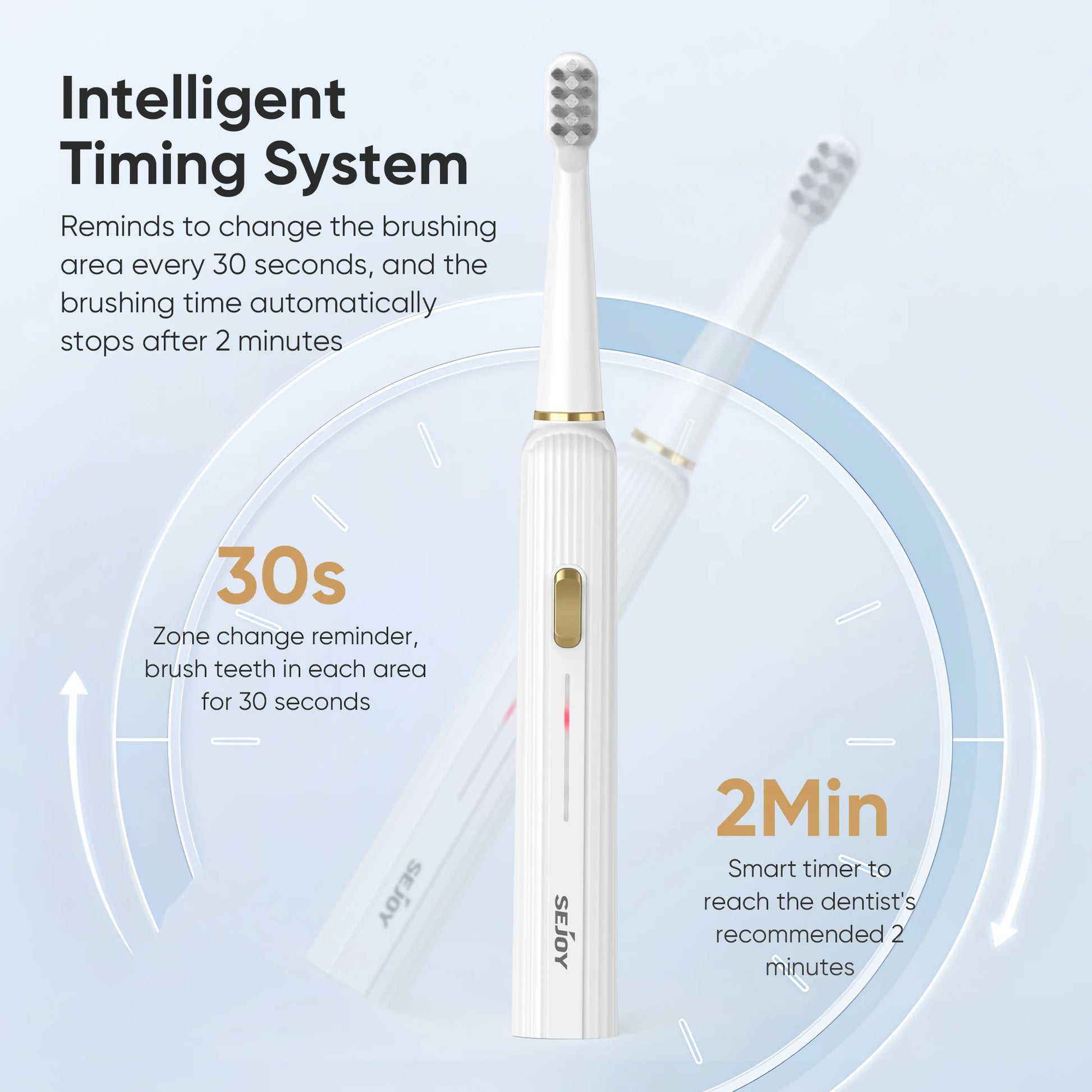 Electric toothbrush with timing system features on a light blue background