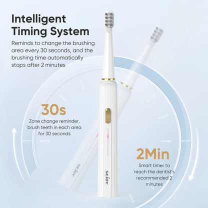 Electric toothbrush with timing system features on a light blue background