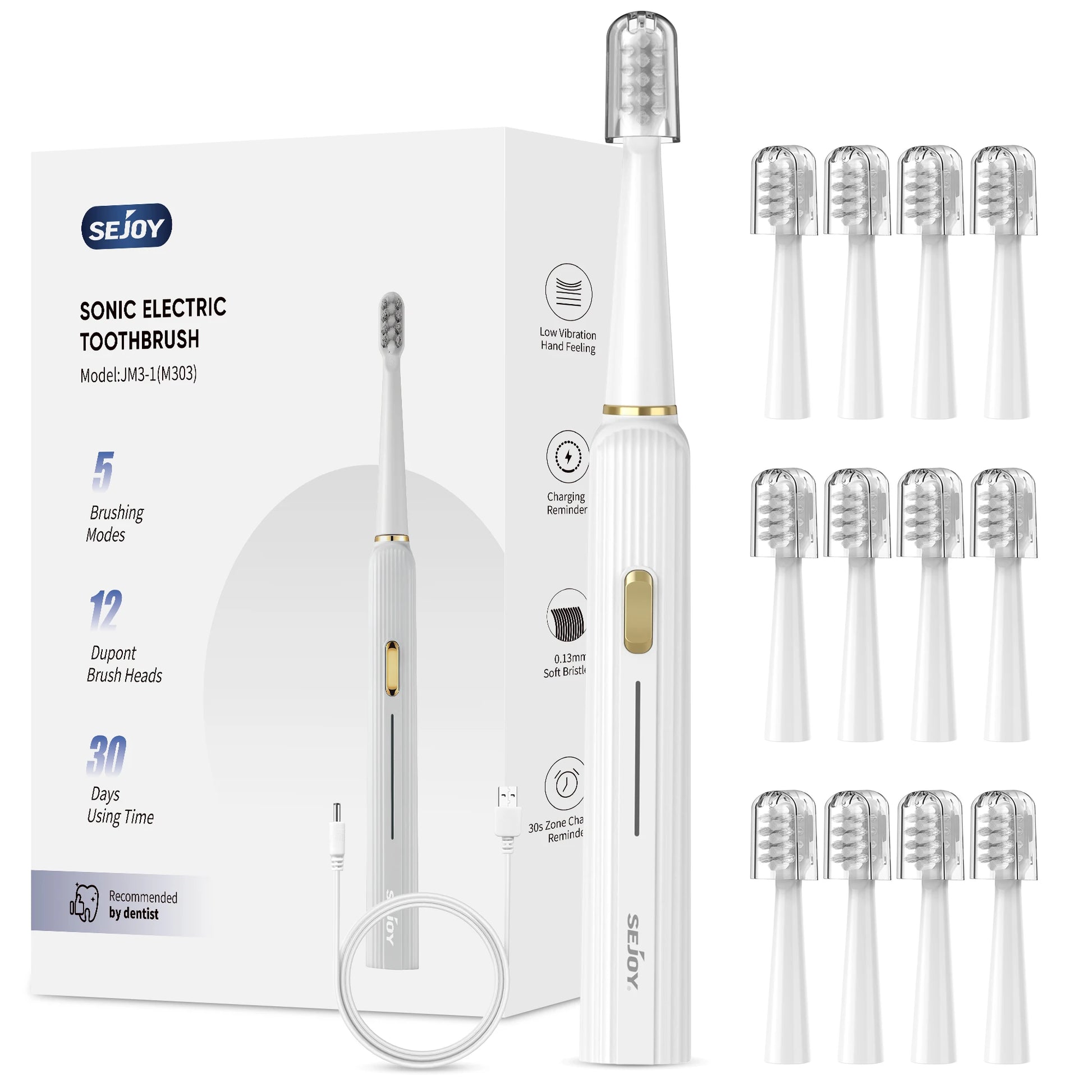 White electric toothbrush with packaging and additional brush heads on a white background