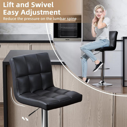 Black bar stool with adjustable height in a kitchen setting, showing ease of use.