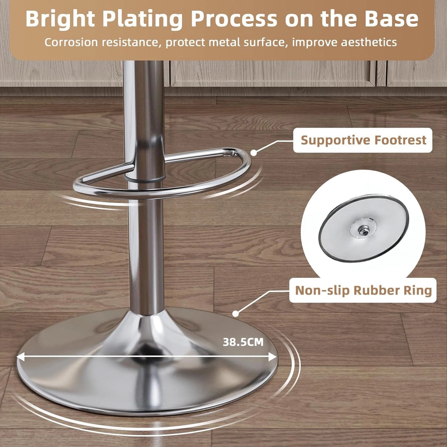 Metal stool with bright plating process on the base, featuring a supportive footrest and non-slip rubber ring.