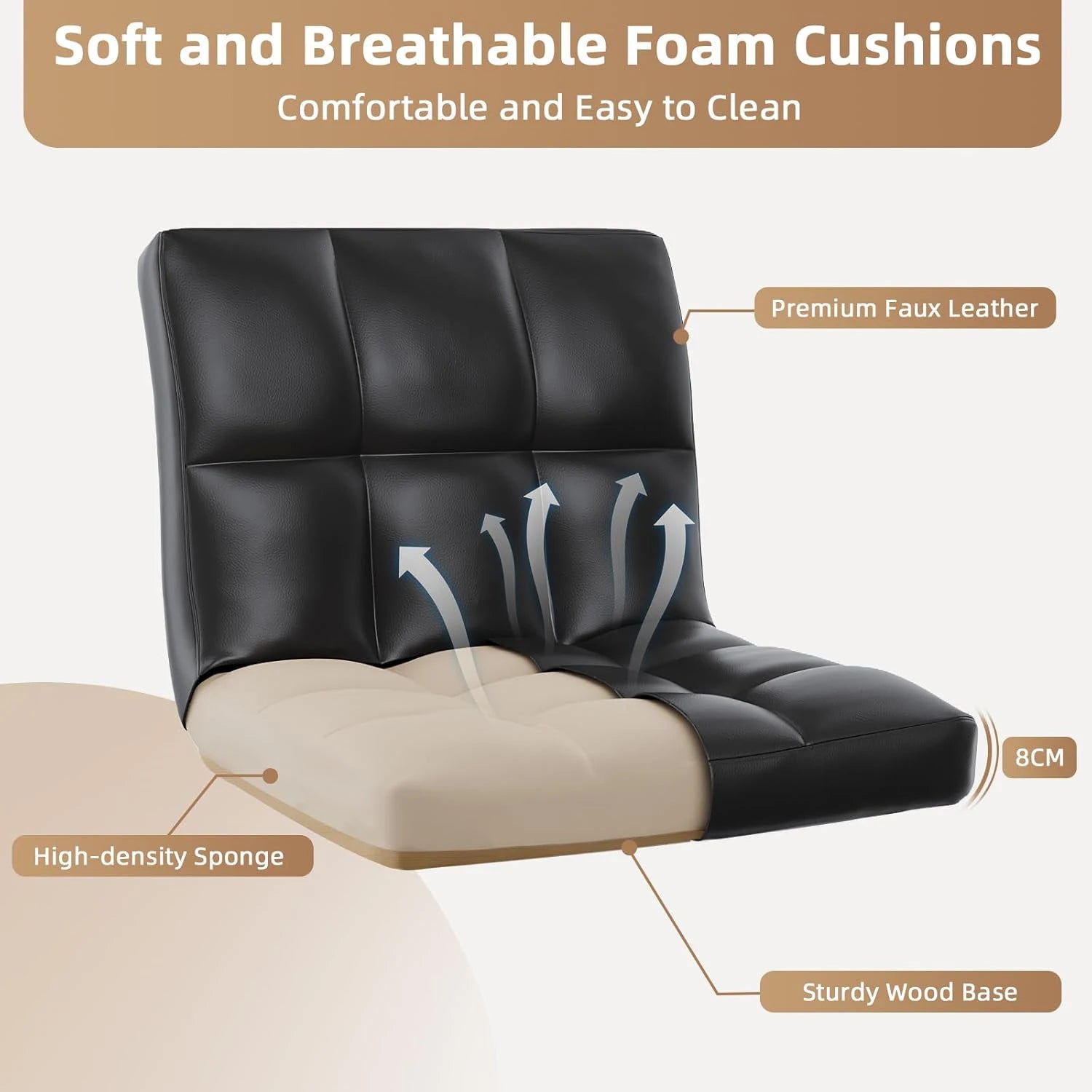 Black and beige foam cushion with labeled features on a white background