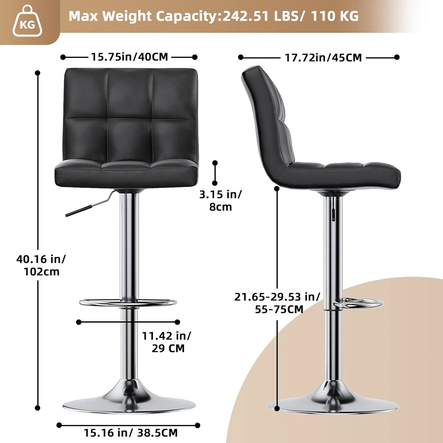 Black bar stools with measurements on a beige background
