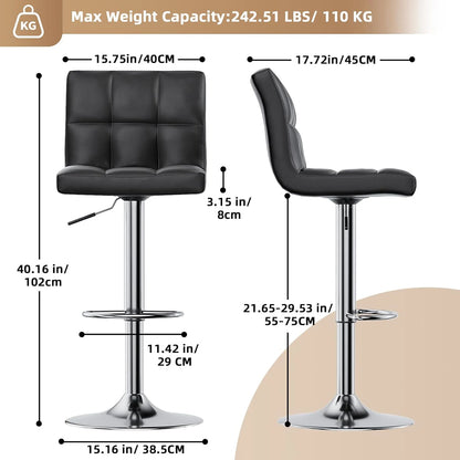 Black bar stools with measurements on a beige background