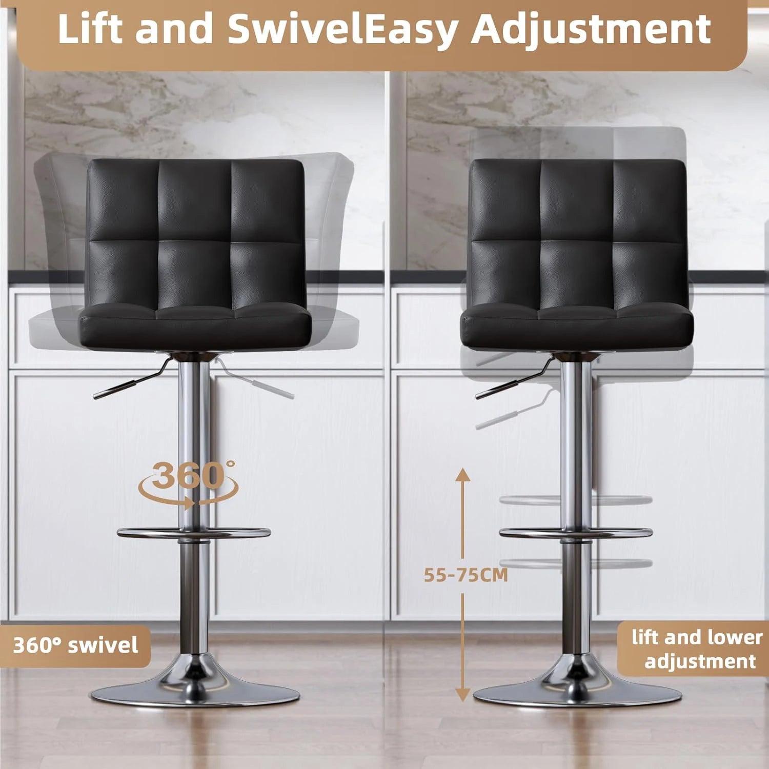 Two black bar stools with lift and swivel features on a neutral background