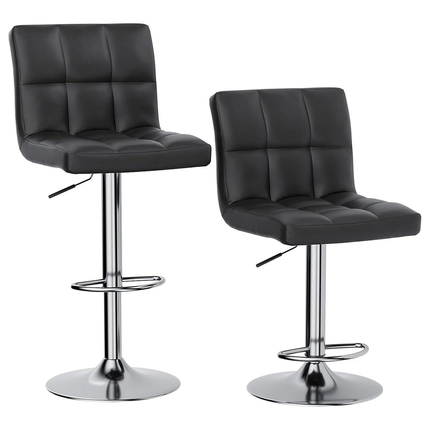 Two black leather bar stools with chrome bases on a white background