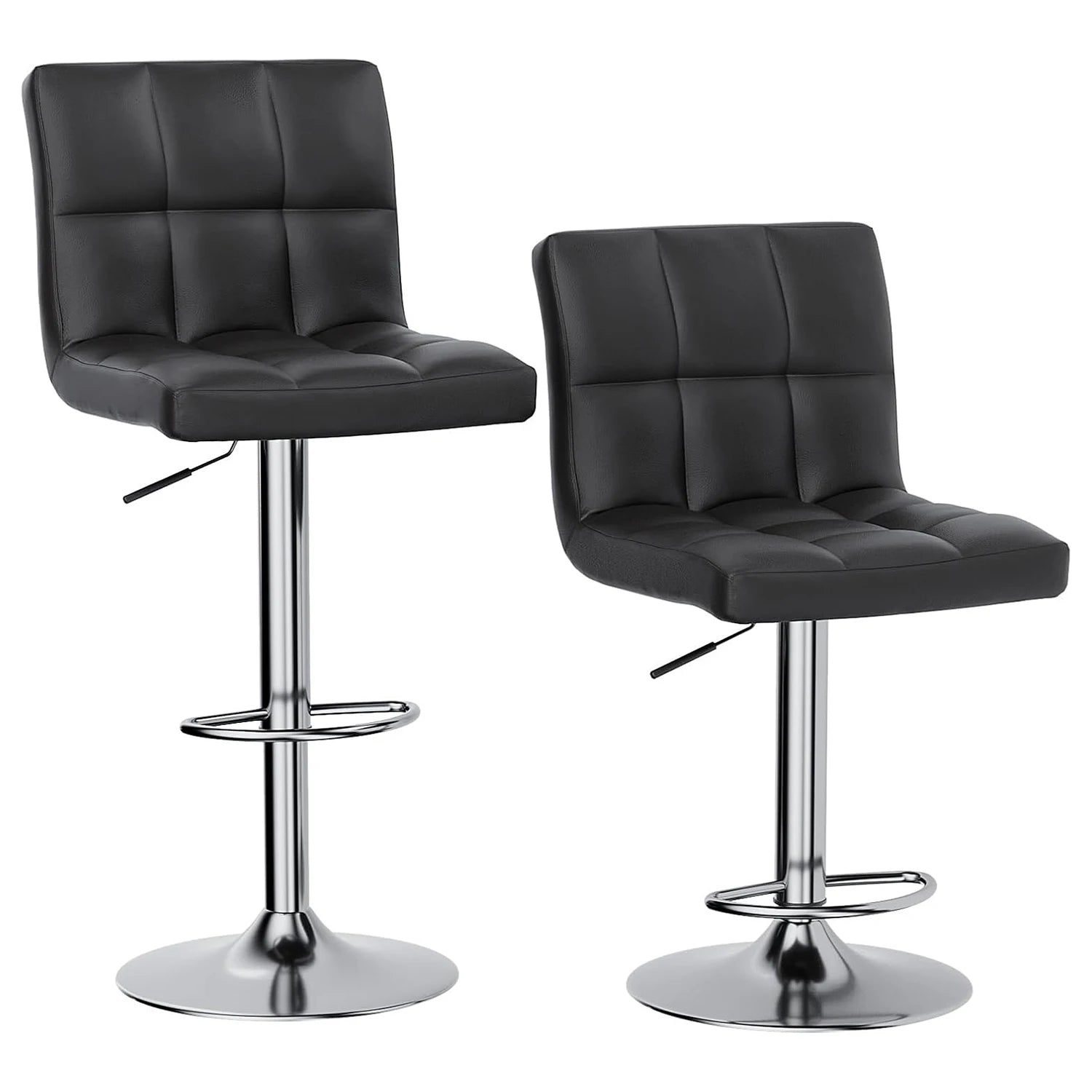 Two black leather bar stools with chrome bases on a white background