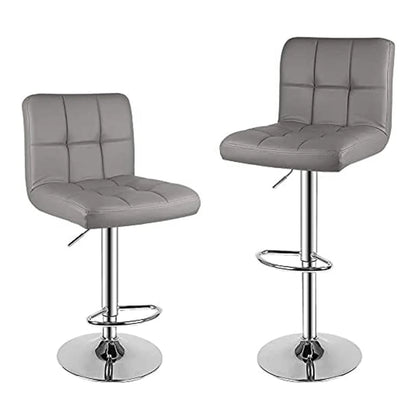 Two gray bar stools with chrome bases on a white background