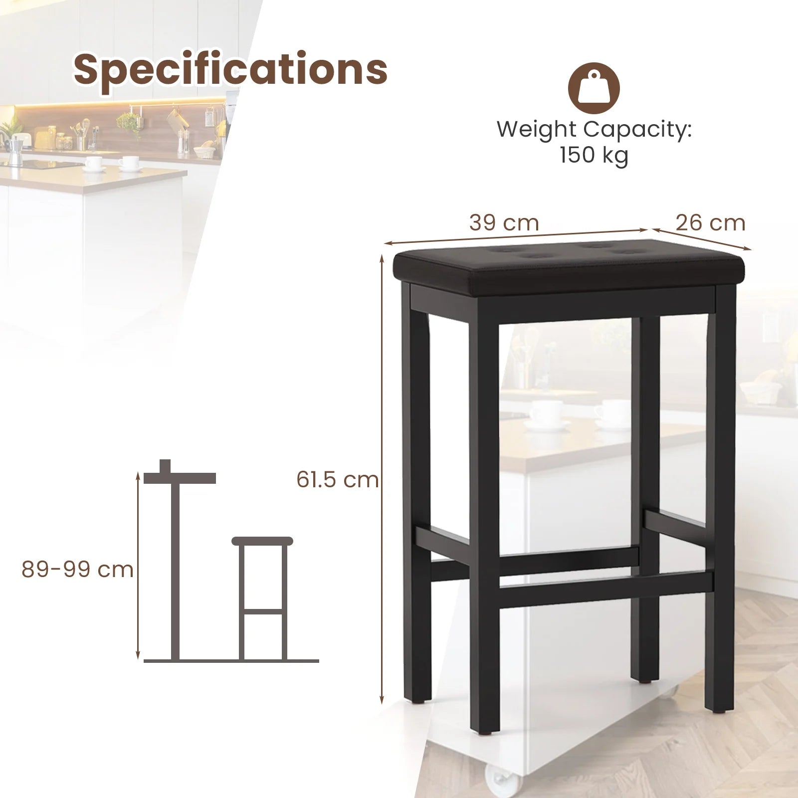 Black bar stool with dimensions and weight capacity on a white background