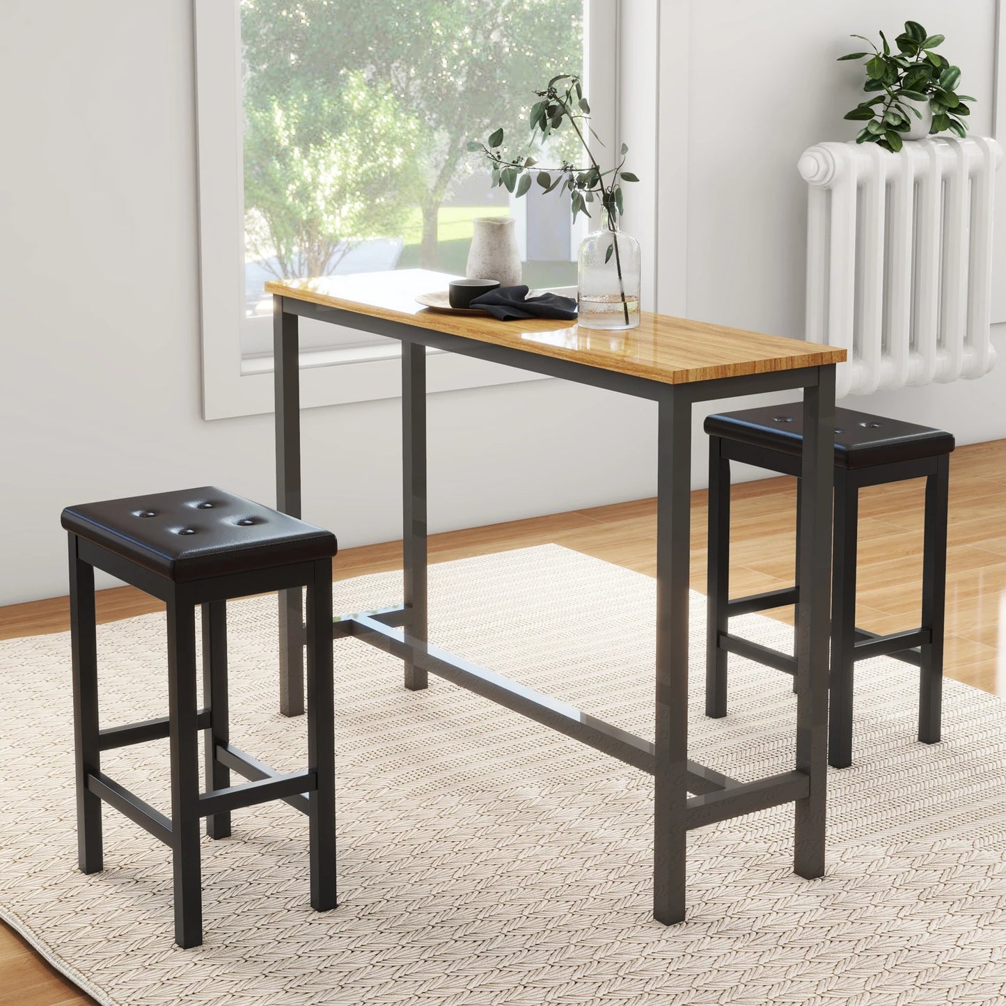Wooden dining table with black metal legs and stools in a room with a window and plants.