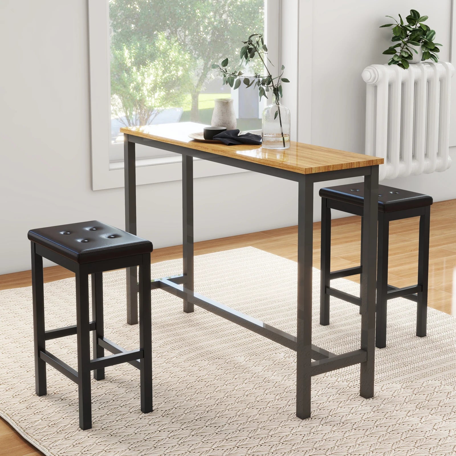 Wooden dining table with black metal legs and stools in a room with a window and plants.