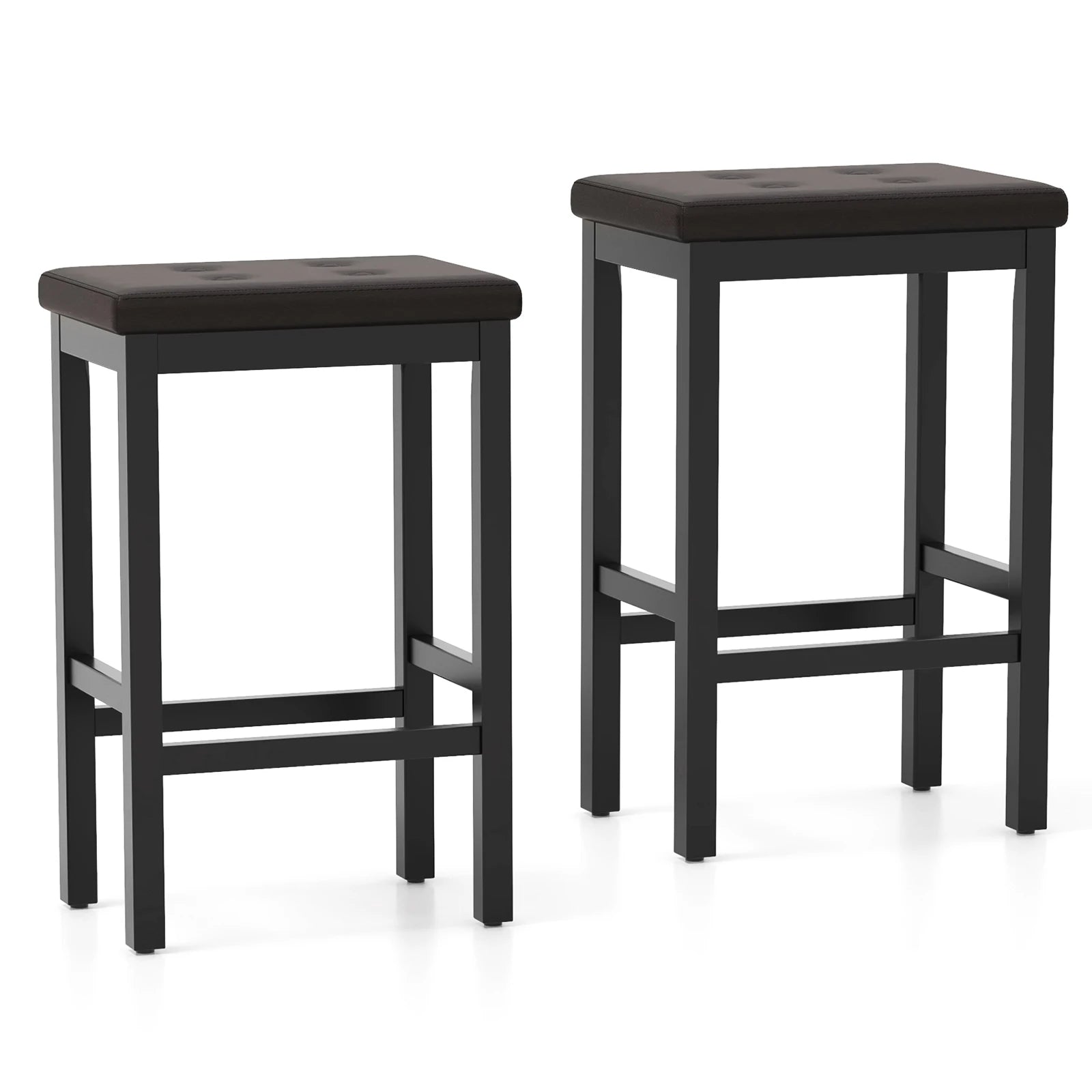 Two black bar stools with brown seats on a white background