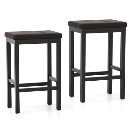 Two black bar stools with brown seats on a white background