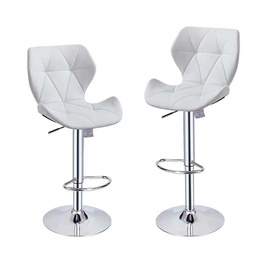 Two white bar stools with quilted design on a white background