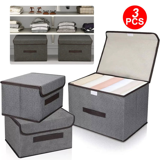 Set of three gray storage boxes with brown handles on a white background, with an inset showing their use.