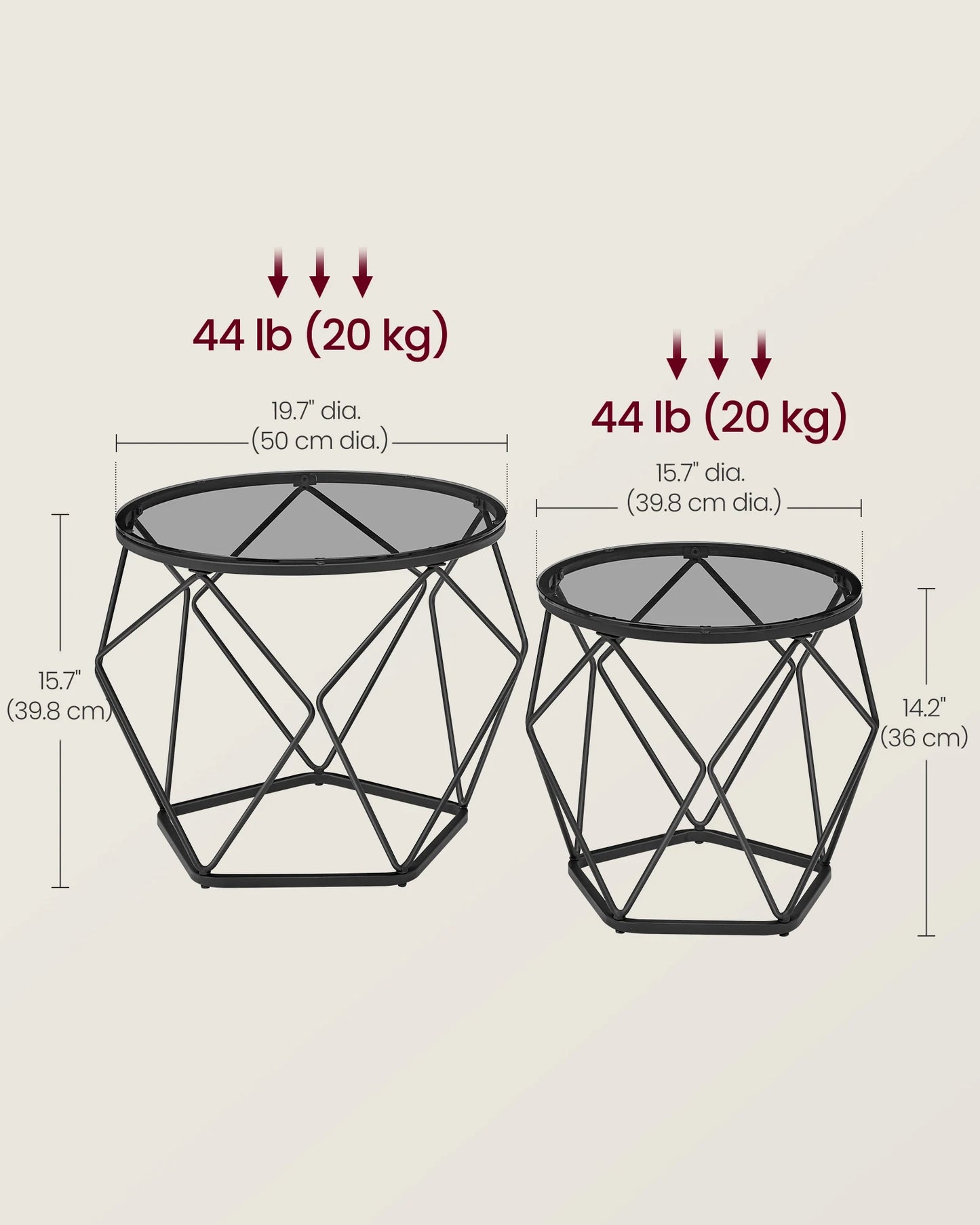 Two geometric metal side tables with weight and size measurements on a beige background