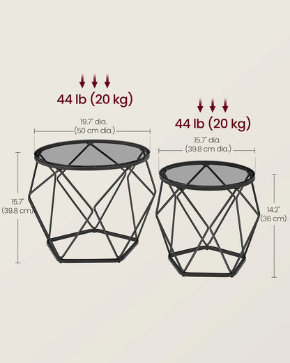 Two geometric metal side tables with weight and size measurements on a beige background