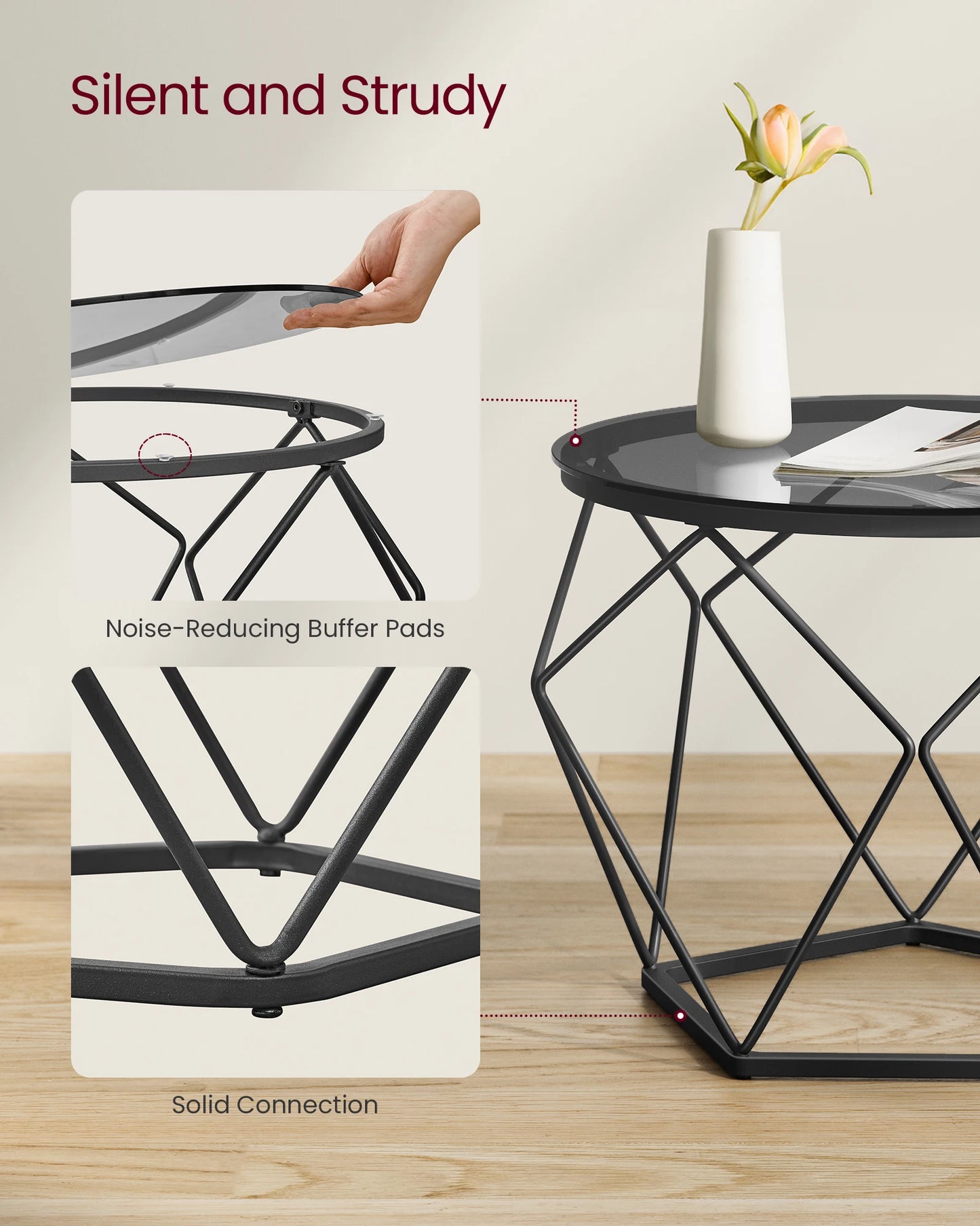 Side table with geometric design and 'Silent and Strudy' text on a light background