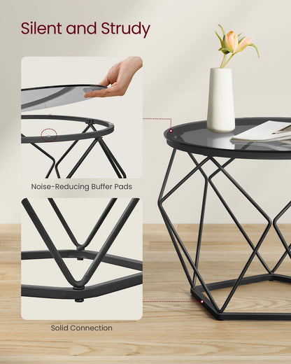 Side table with geometric design and 'Silent and Strudy' text on a light background